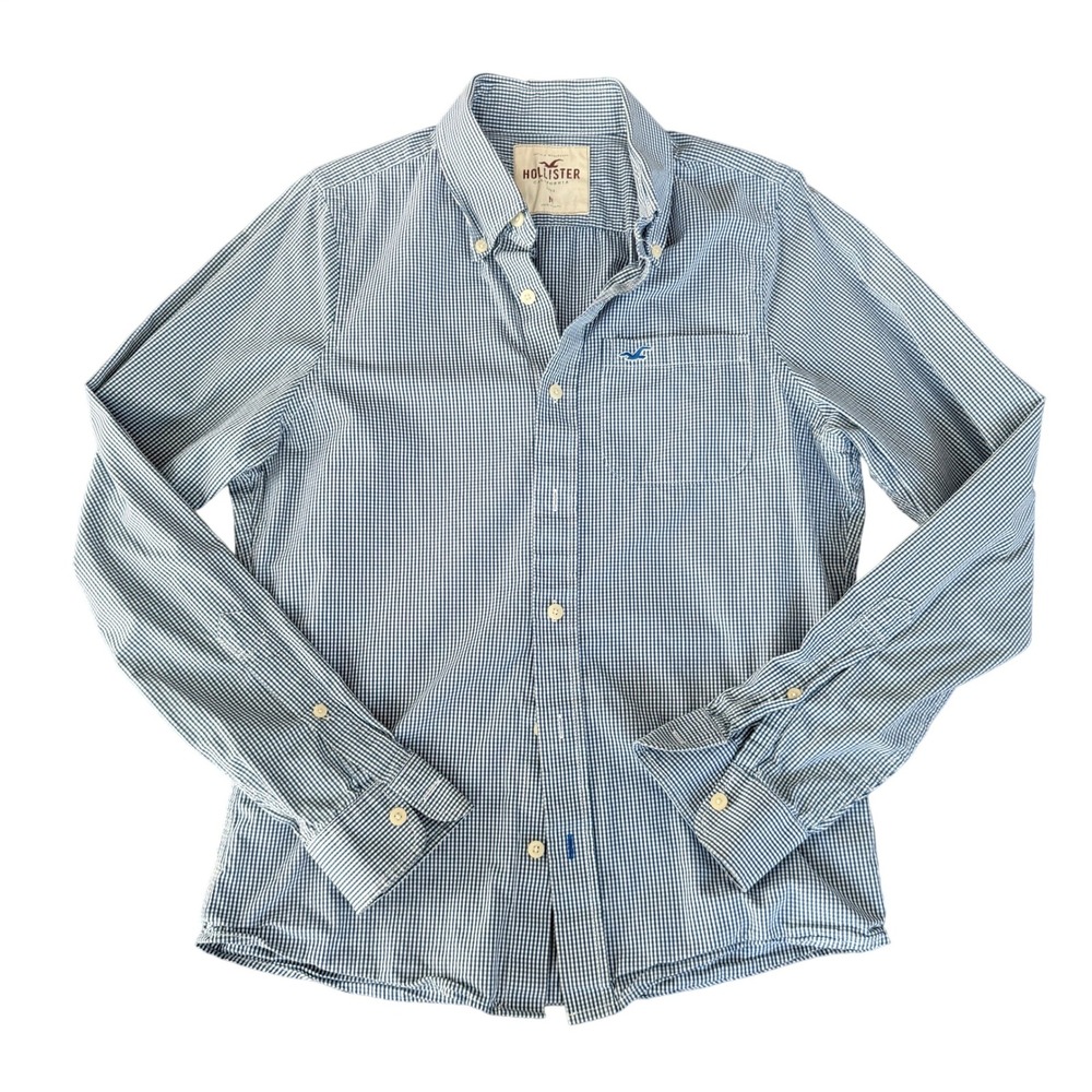 Hollister Mens Blue White Gingham Long Sleeve Button Down Shirt Medium Cotton